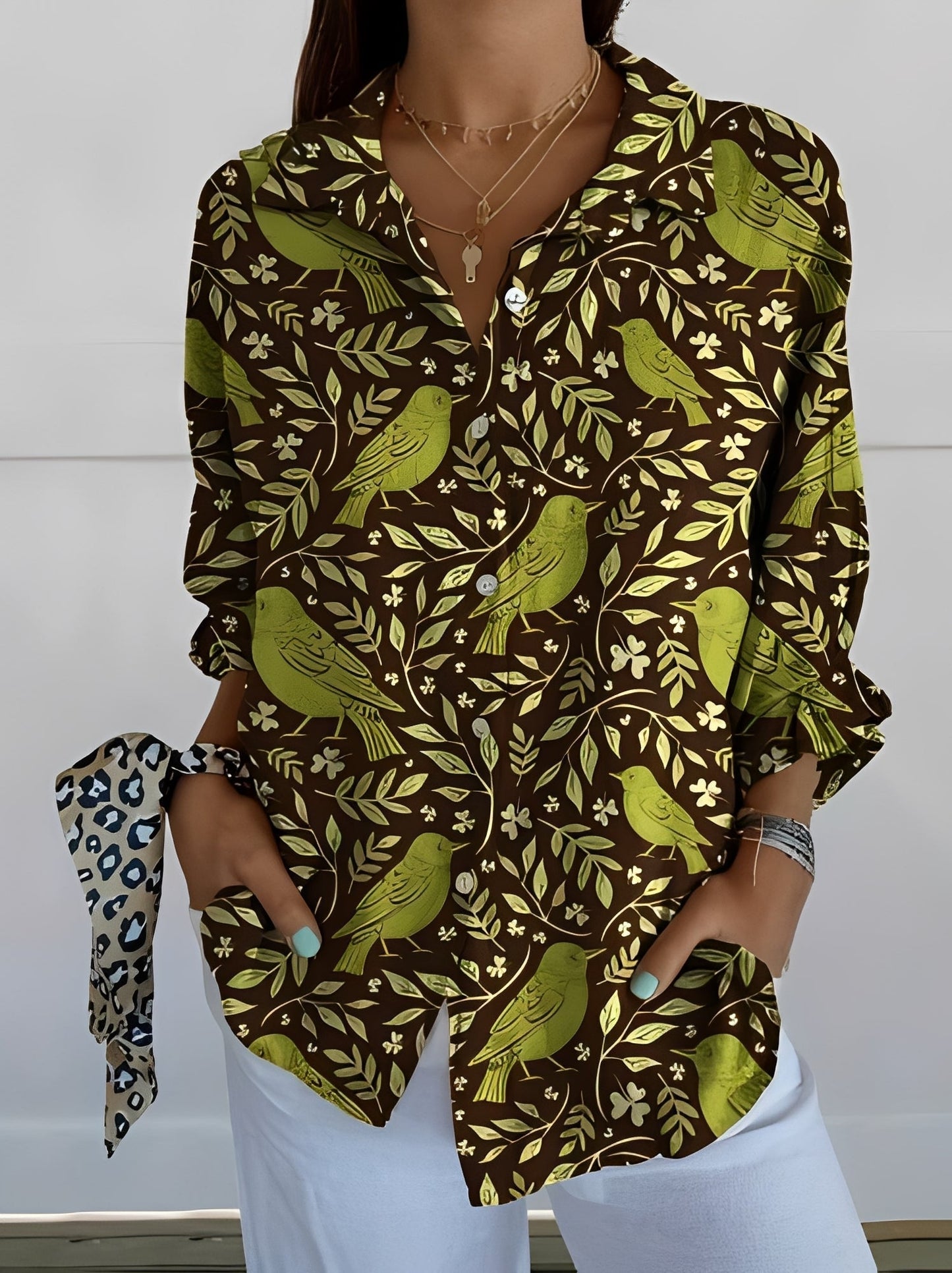 Femme Blouse Longue Manche avec Col en V et Imprimé