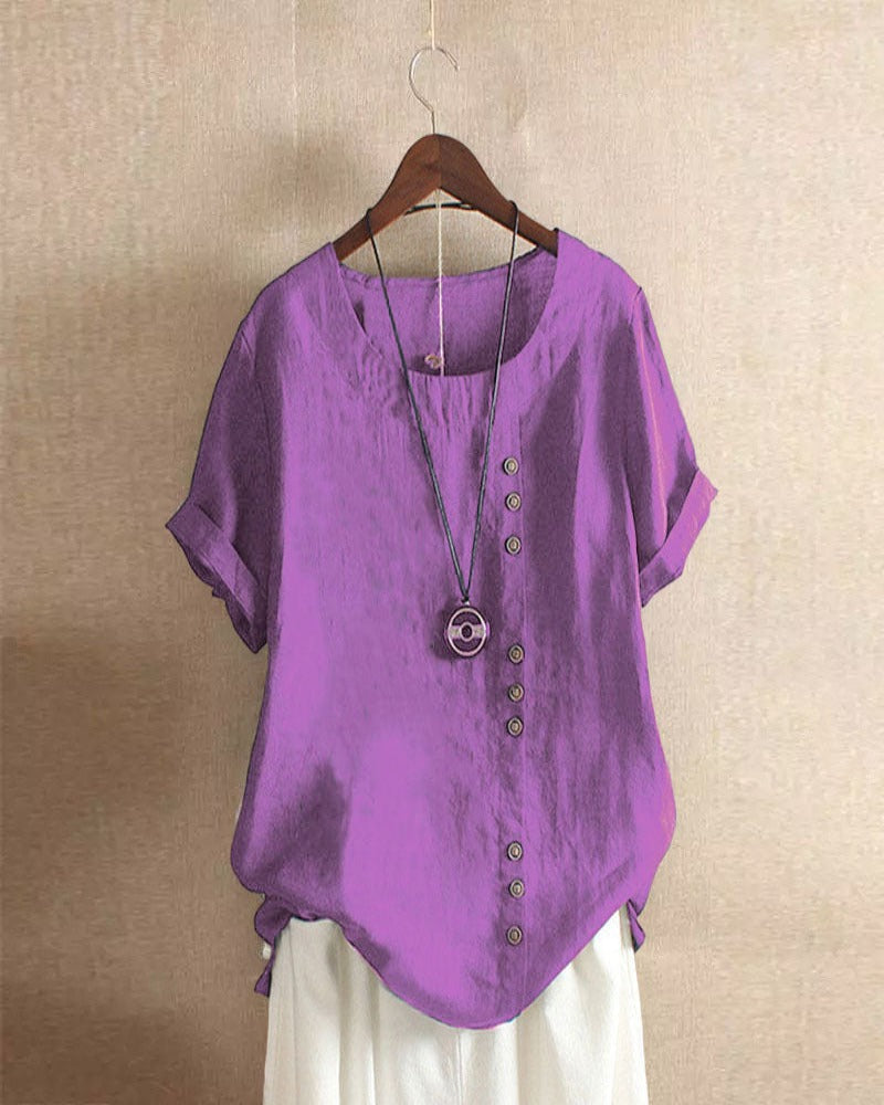 Femme Blouse Manches Courtes Retroussées col Rond avec Boutons