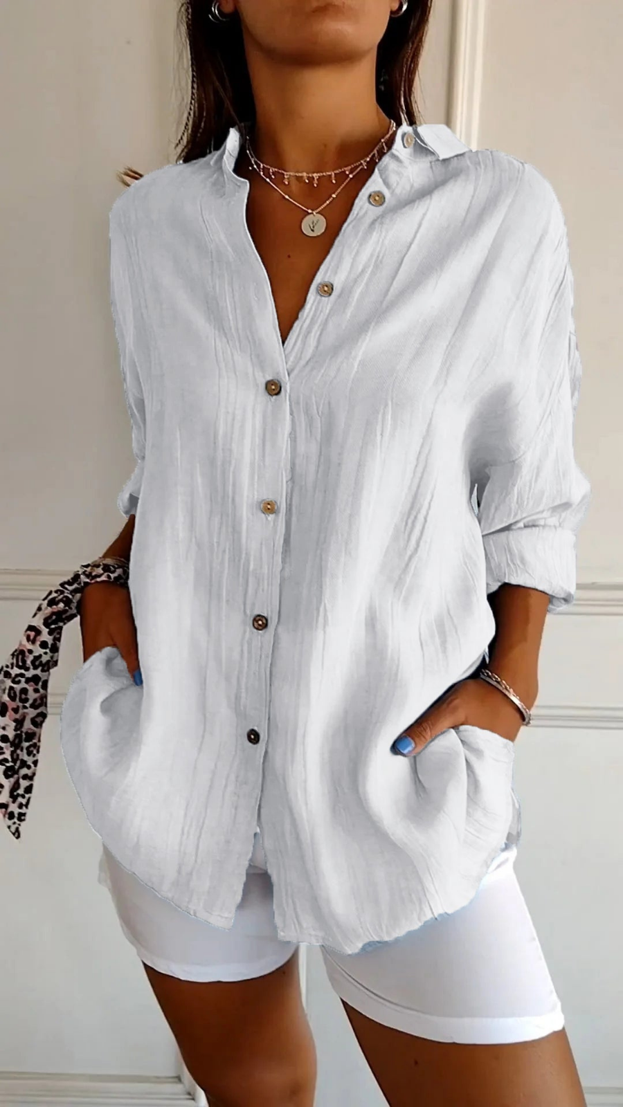 Femme Chemise Oversize Longue Manches Longues avec Col et Boutonnière