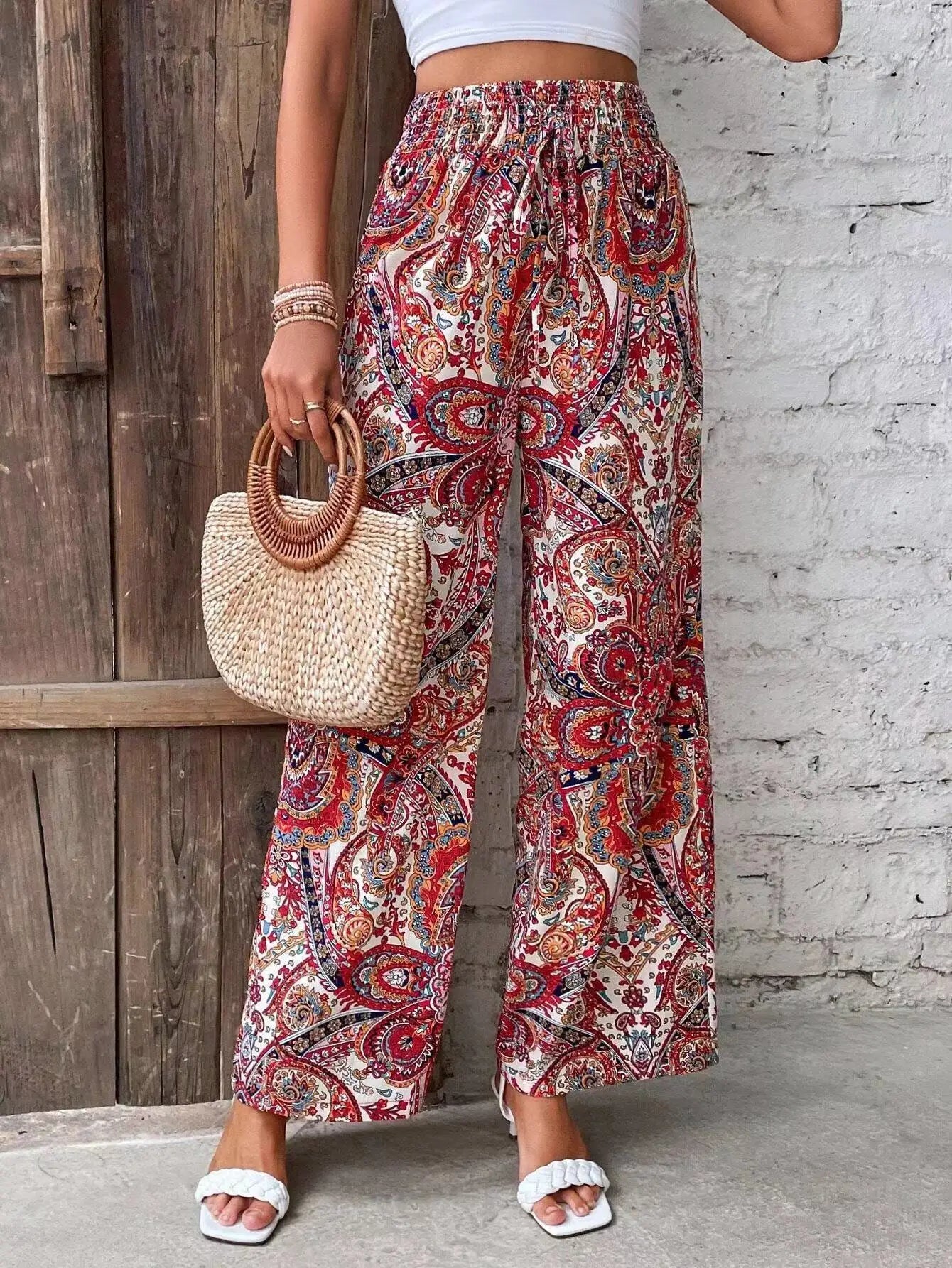 Femme Pantalon Large Boho à Motif Paisley et Taille Élastique