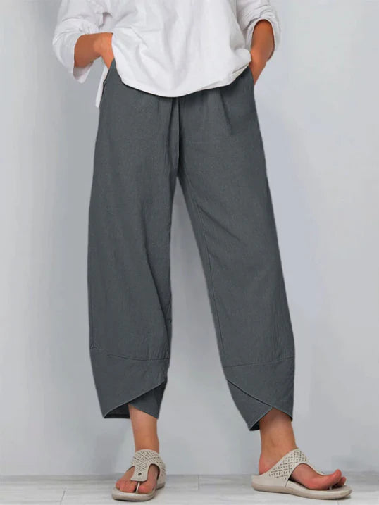 Femme Pantalon Large Raccourci avec Ourlet Croisé et Poches