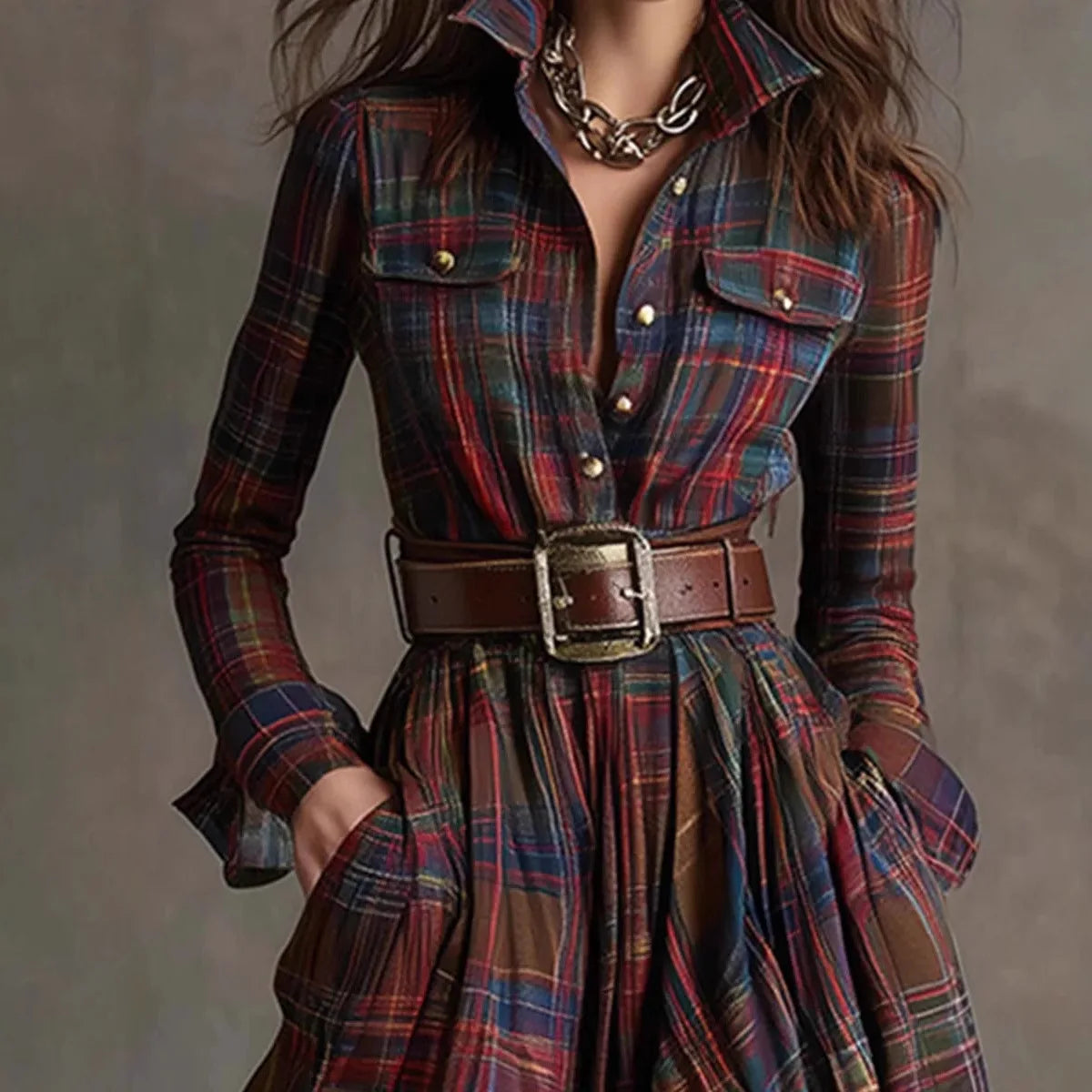 Femme Robe Maxi à Carreaux Manches Longues avec Col Chemise et Ceinture