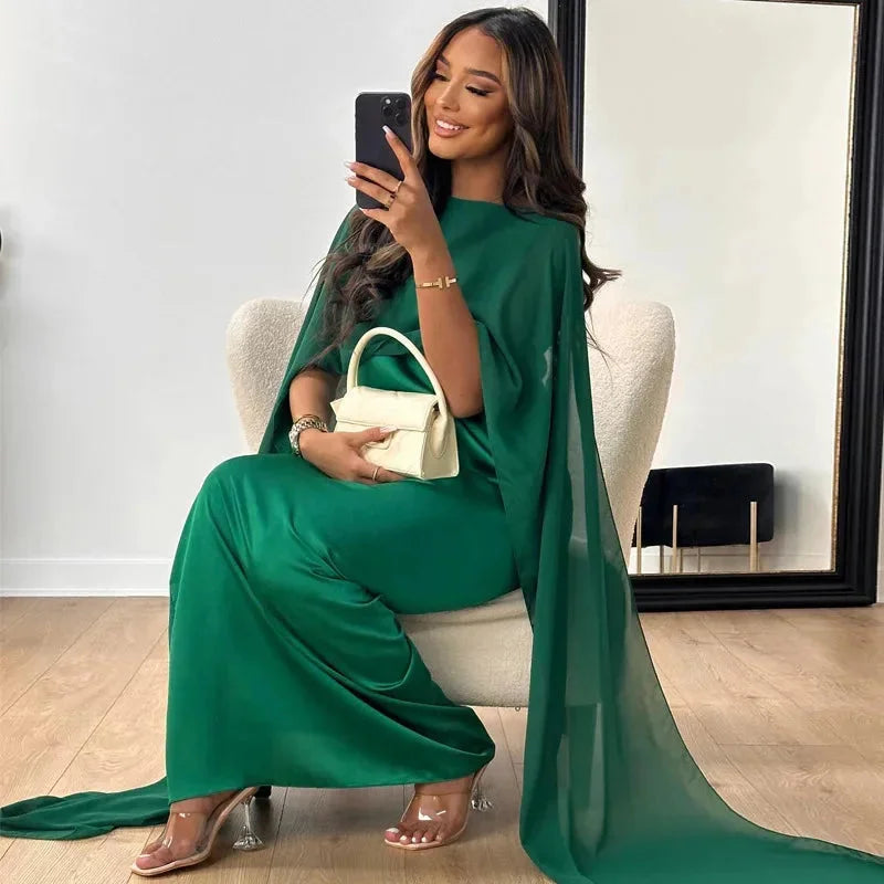Femme Robe Maxi avec Col Rond et Manches Cape Fluides