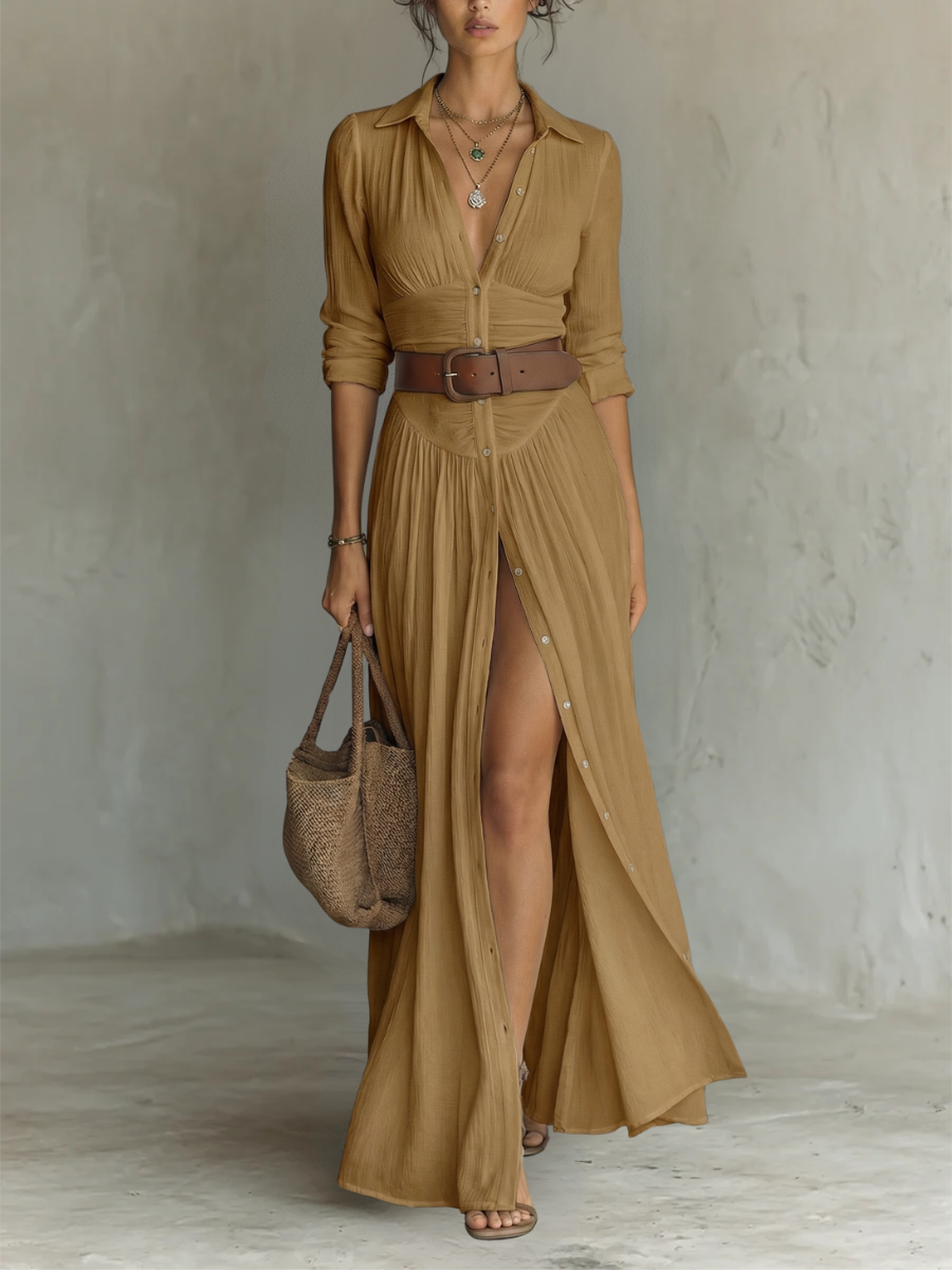Femme Robe Maxi Longue à Col Chemise avec Manches Longues et Fente