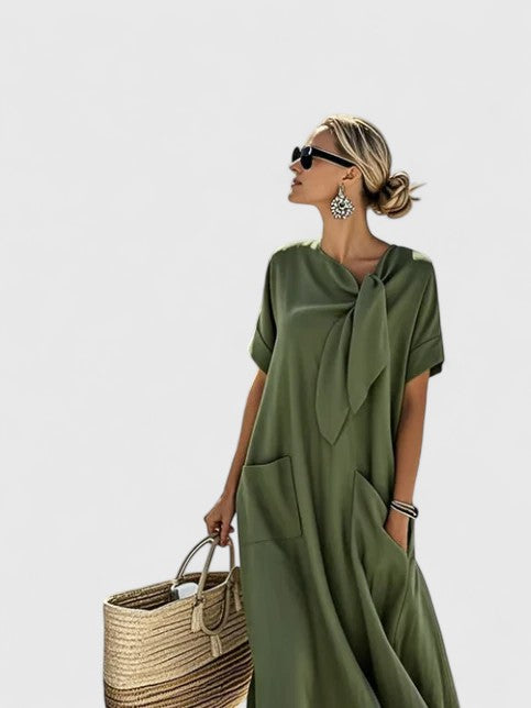 Femme Robe Maxi Manches Courtes avec Nœud au Col et Poches