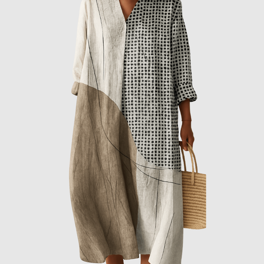 Femme Robe Midi à Imprimé Géométrique avec Col en V et Manches Trois-Quarts