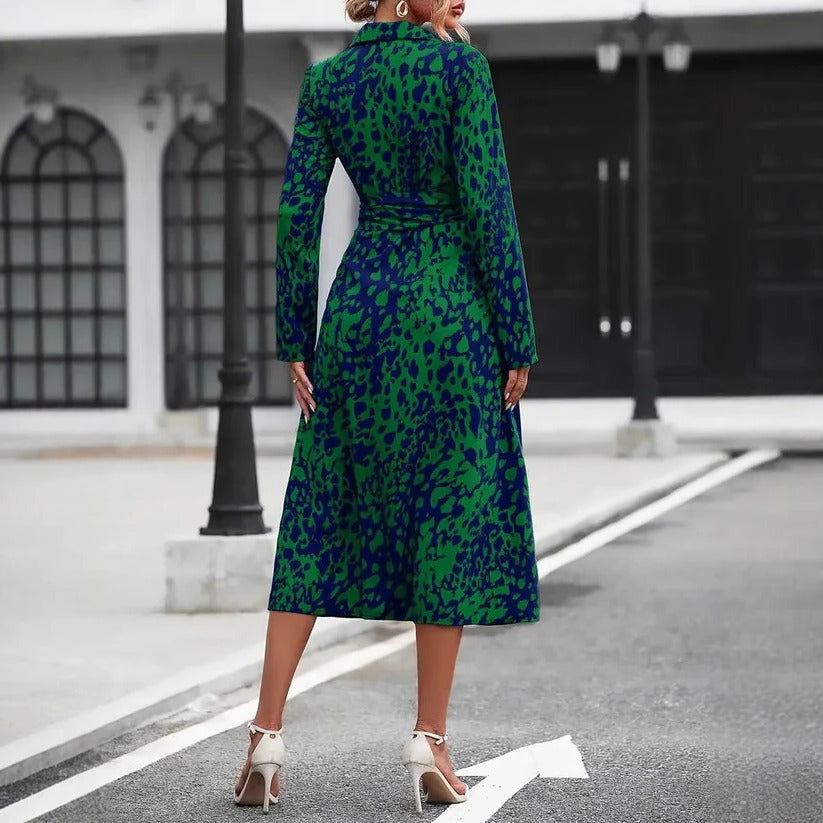 Femme Robe Midi A-Ligne à Imprimé avec Col Chemise, Boutons et Ceinture