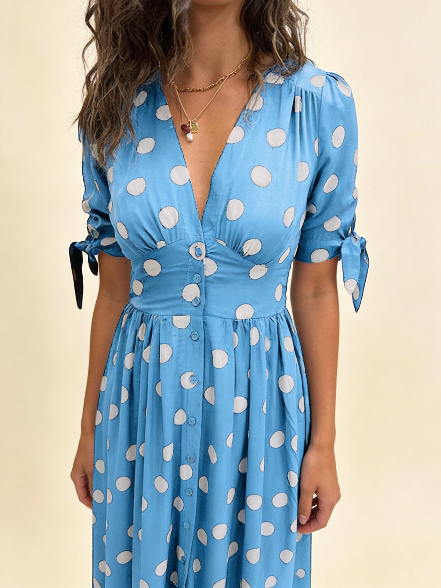 Femme Robe Midi à Pois avec Col en V et Boutons 17