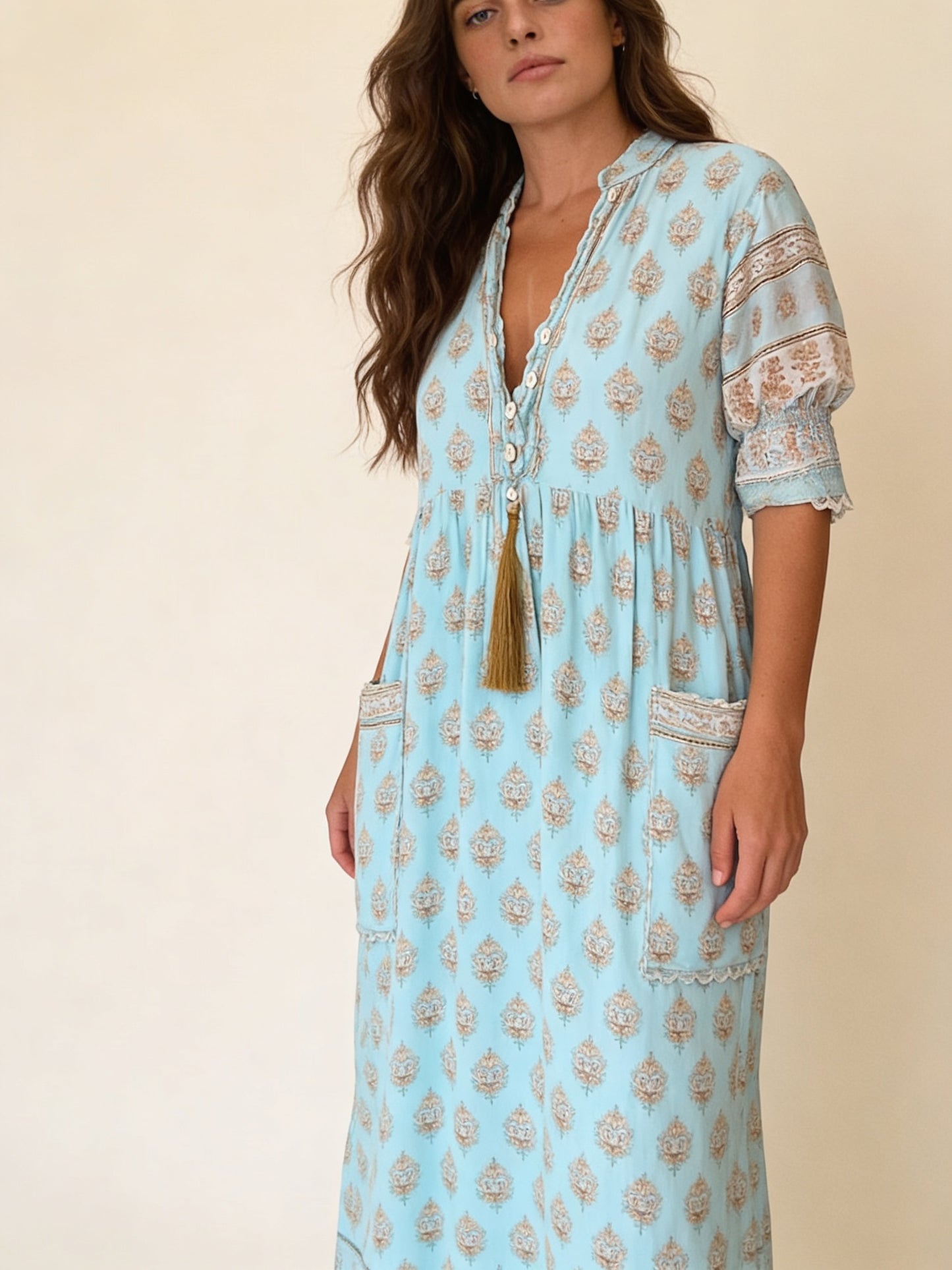 Femme Robe Midi Boho à Manches Trois-Quarts avec Col en V et Poches 5