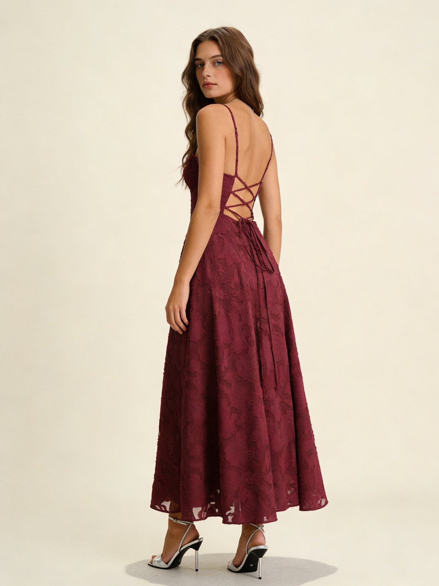 Femme Robe Midi sans Manches en A-ligne avec Col Carré et Dos Lacé 2