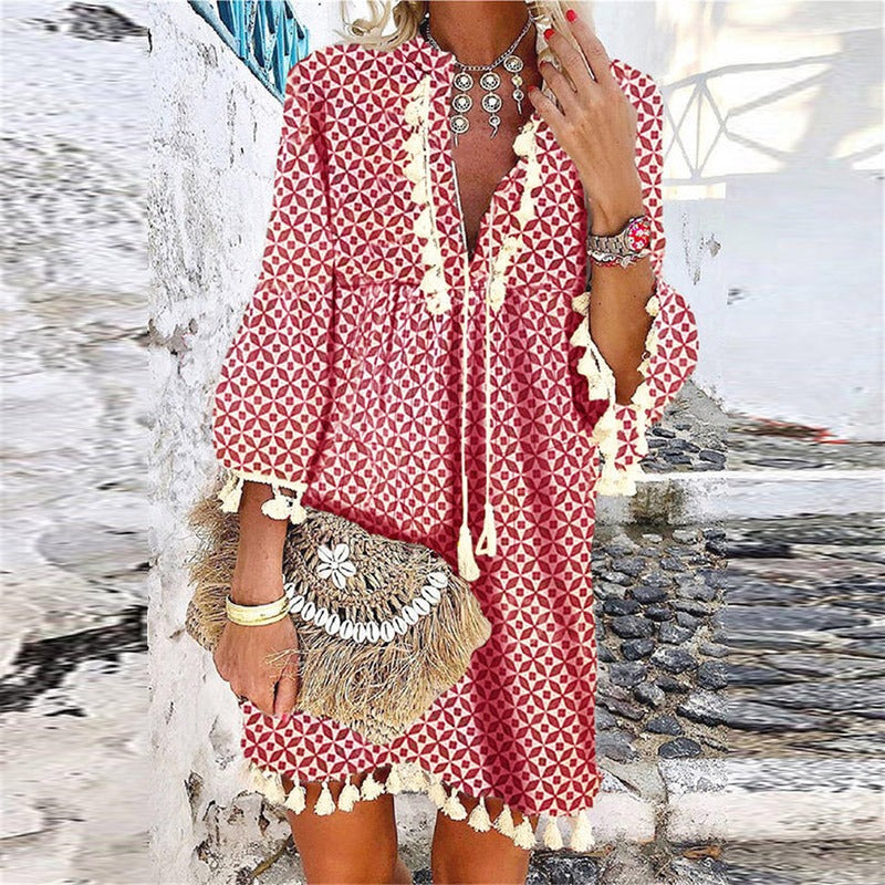 Femme Robe Mini Bohème à Col en V avec Manches Trois-Quarts et Franges
