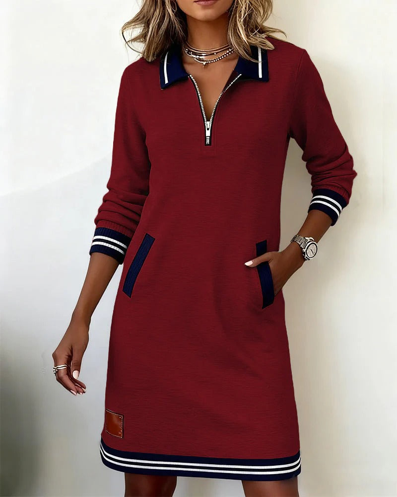 Femme Robe Polo Manches Longues avec Col à Revers et Fermeture Éclair