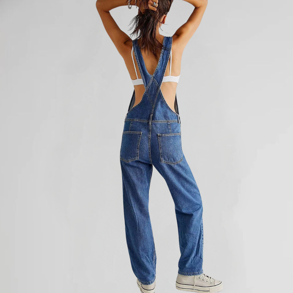 Femme Salopette Jean Bretelles Croisées Coupe Droite Rétro