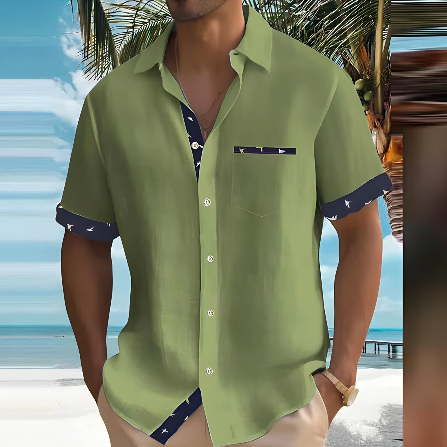 Homme Chemise Courte Manche Courte Loose Fit avec Poche Poitrine et Finitions Contrastées