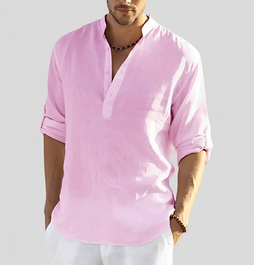 Homme Chemise Décontractée Longue Manche avec Col Mao et Boutonnage Partiel