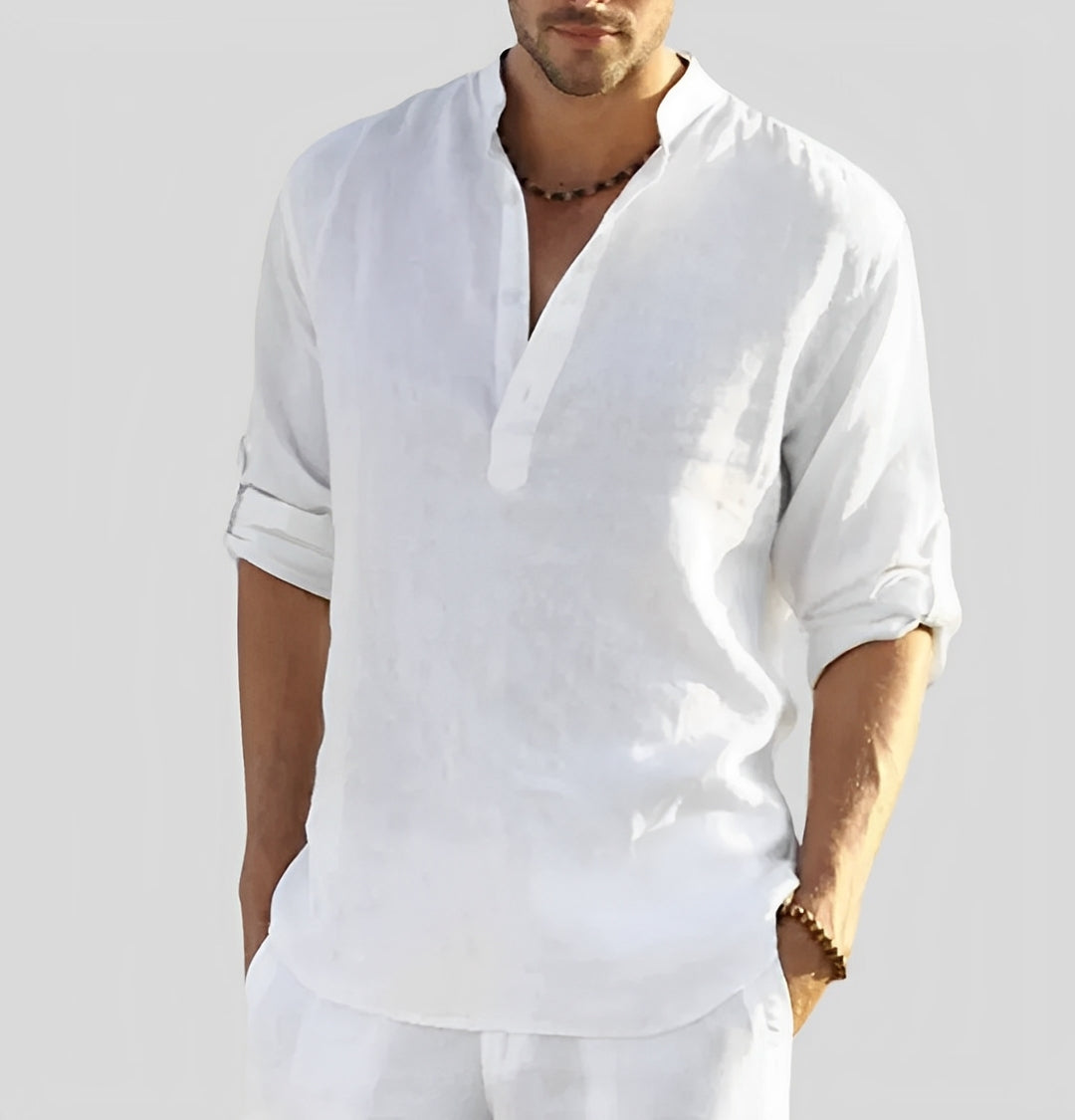 Homme Chemise Décontractée Longue Manche avec Col Mao et Boutonnage Partiel