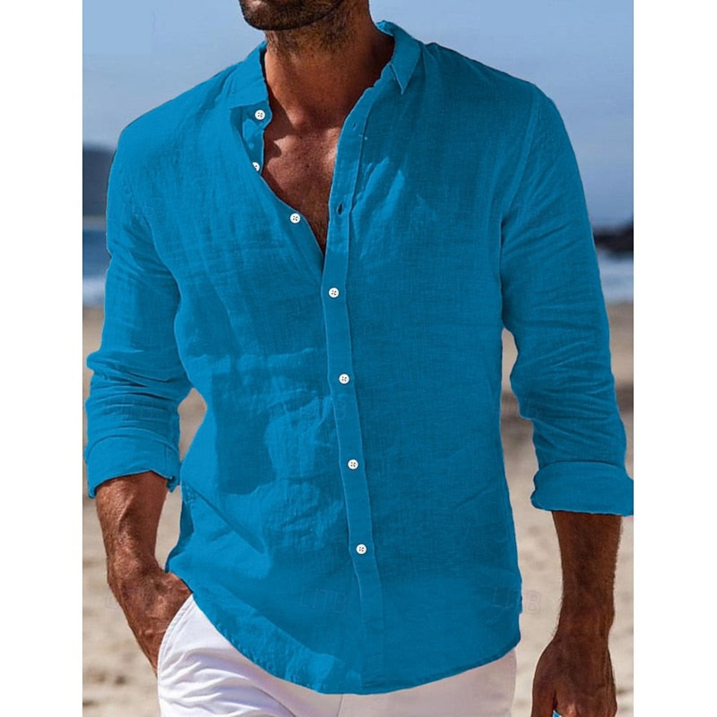 Homme Chemise Décontractée Manches Longues col Mao et Boutons