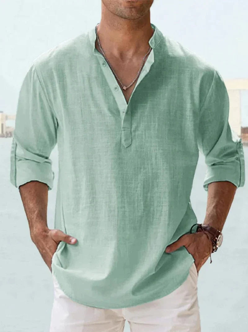 Homme Chemise Longue Manche avec Col Mao et Boutonnage Partiel