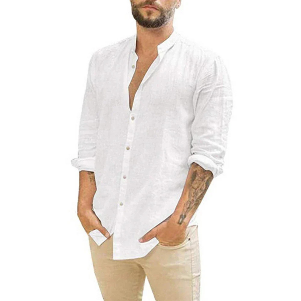 Homme Chemise Longue Manche avec Col Mao et Boutons