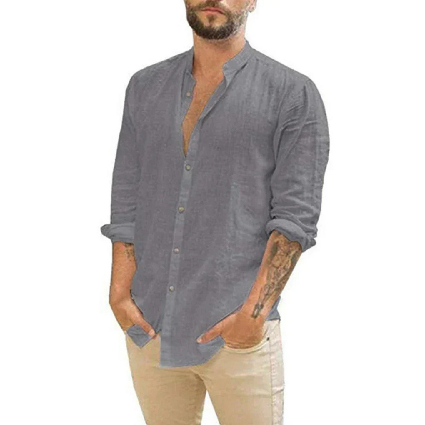 Homme Chemise Longue Manche avec Col Mao et Boutons