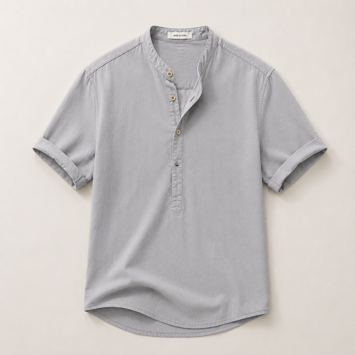 Homme Chemise Manches Courtes avec Col Mao et Boutonnage Partiel