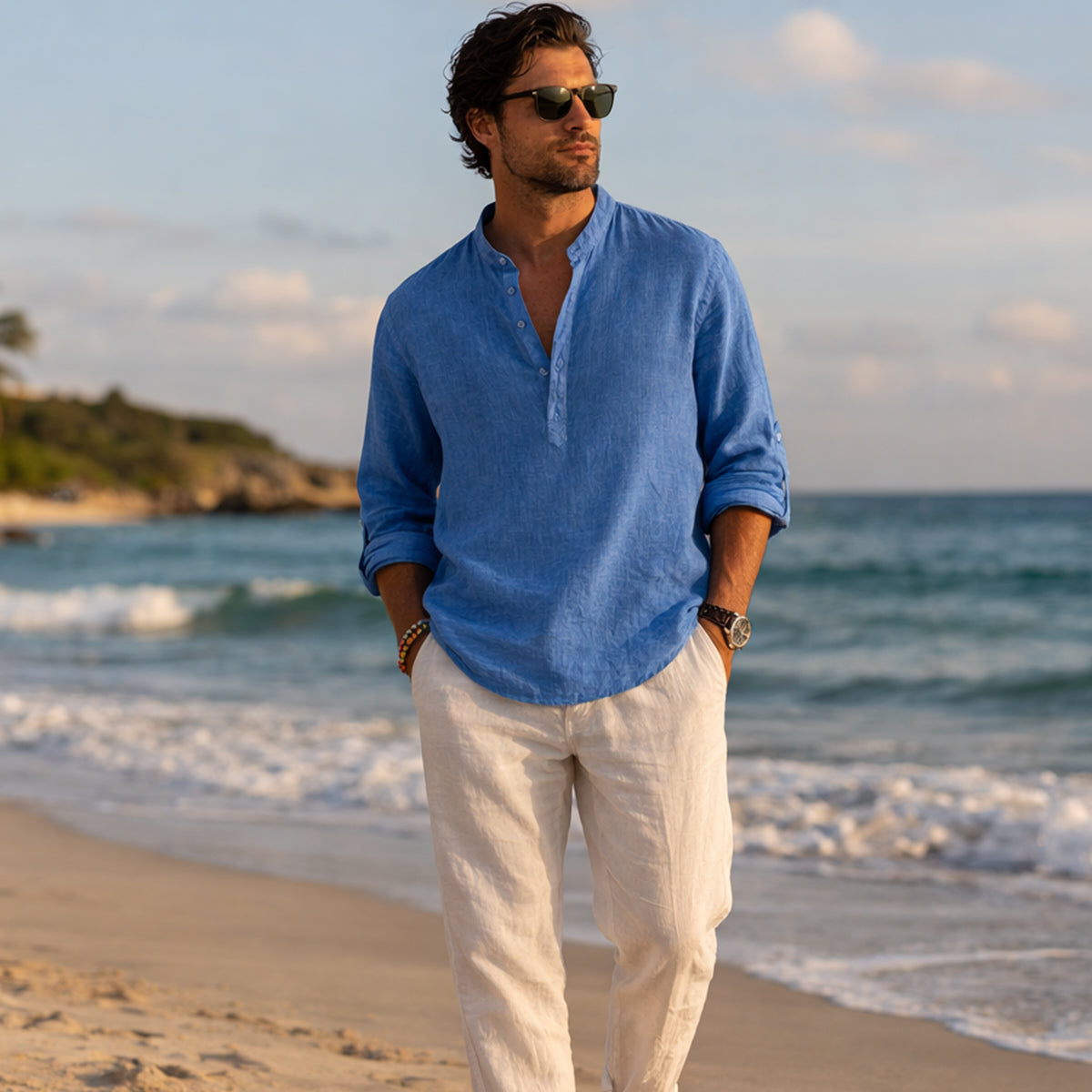 Homme Chemise Manches Longues Retroussables col Mao Regular Fit
