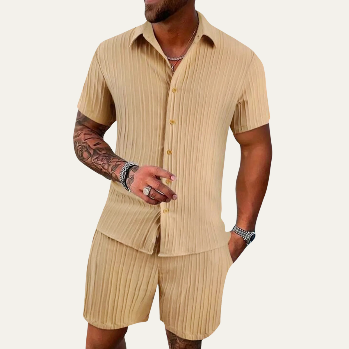 Homme Ensemble Casual Chemise Manches Courtes et Short avec Col Cubain