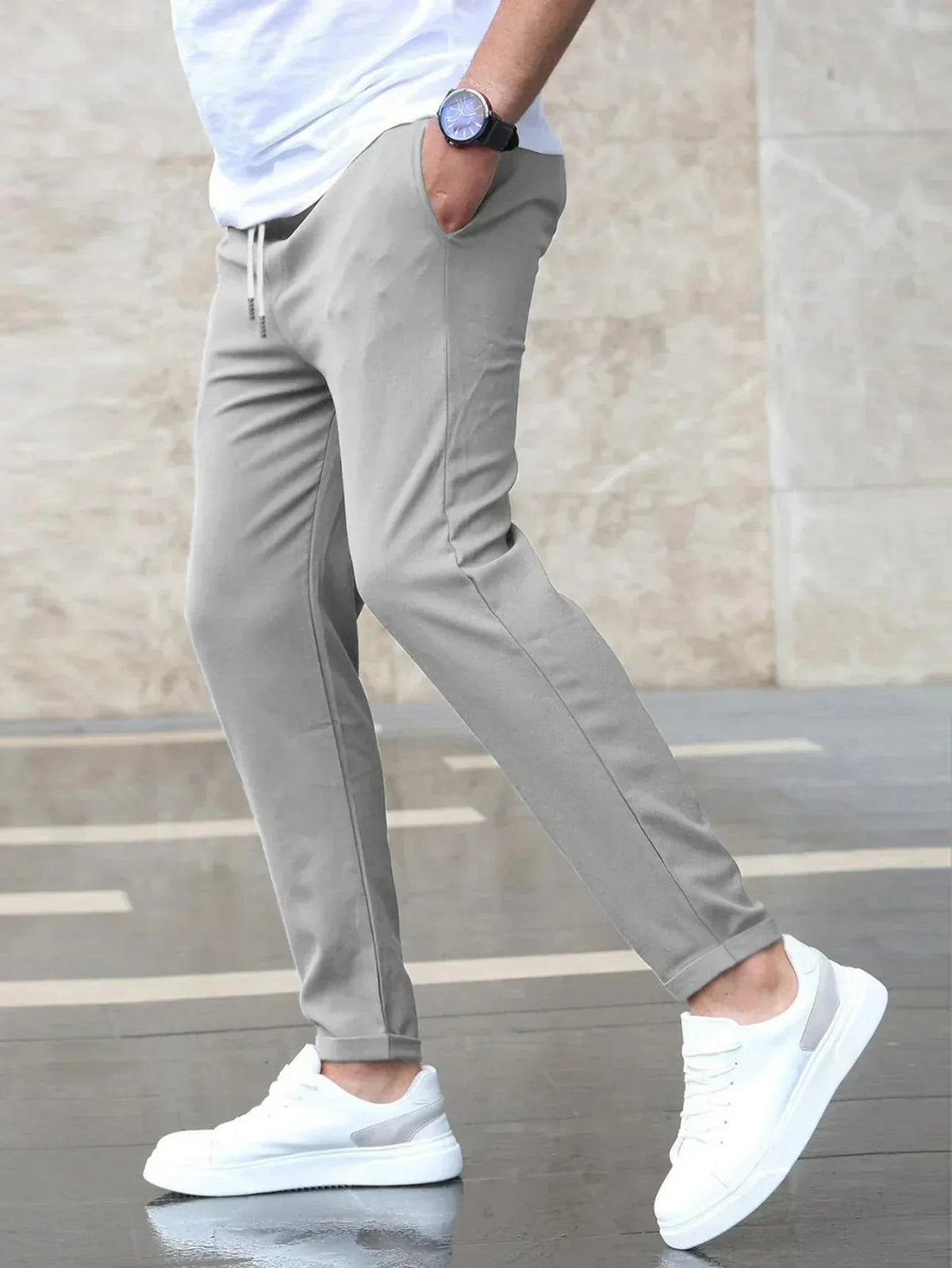 Homme Pantalon Chino Slim avec Cordon de Serrage et Poches Latérales