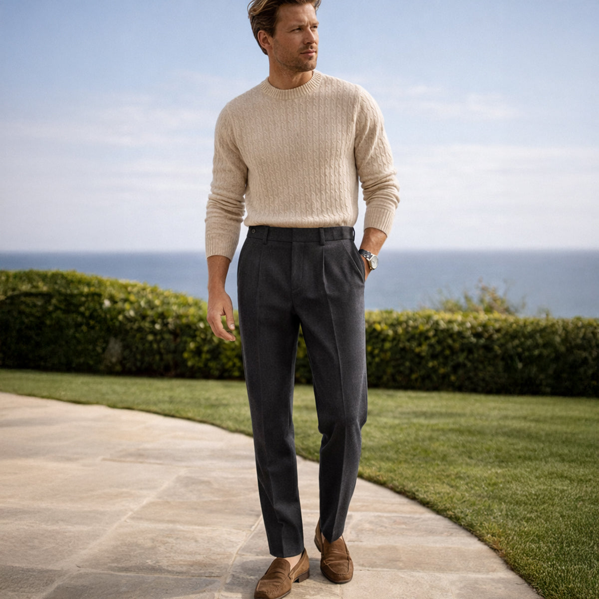 Homme Pantalon Habillé Taille Haute à Plis et Coupe Droite
