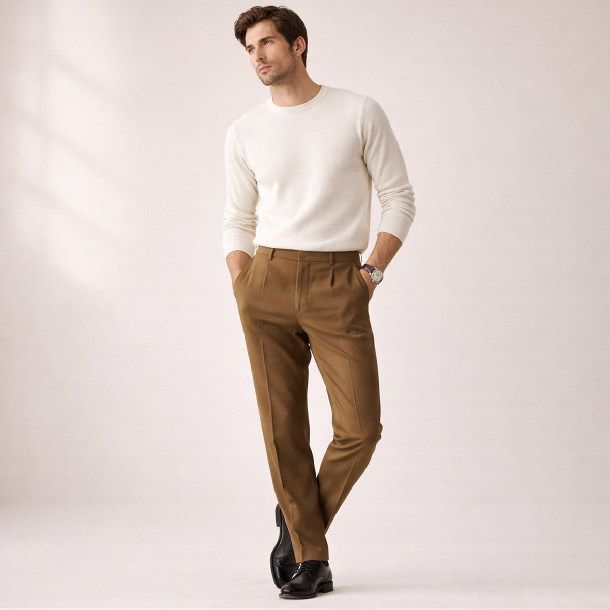 Homme Pantalon Habillé Taille Haute à Plis et Coupe Droite