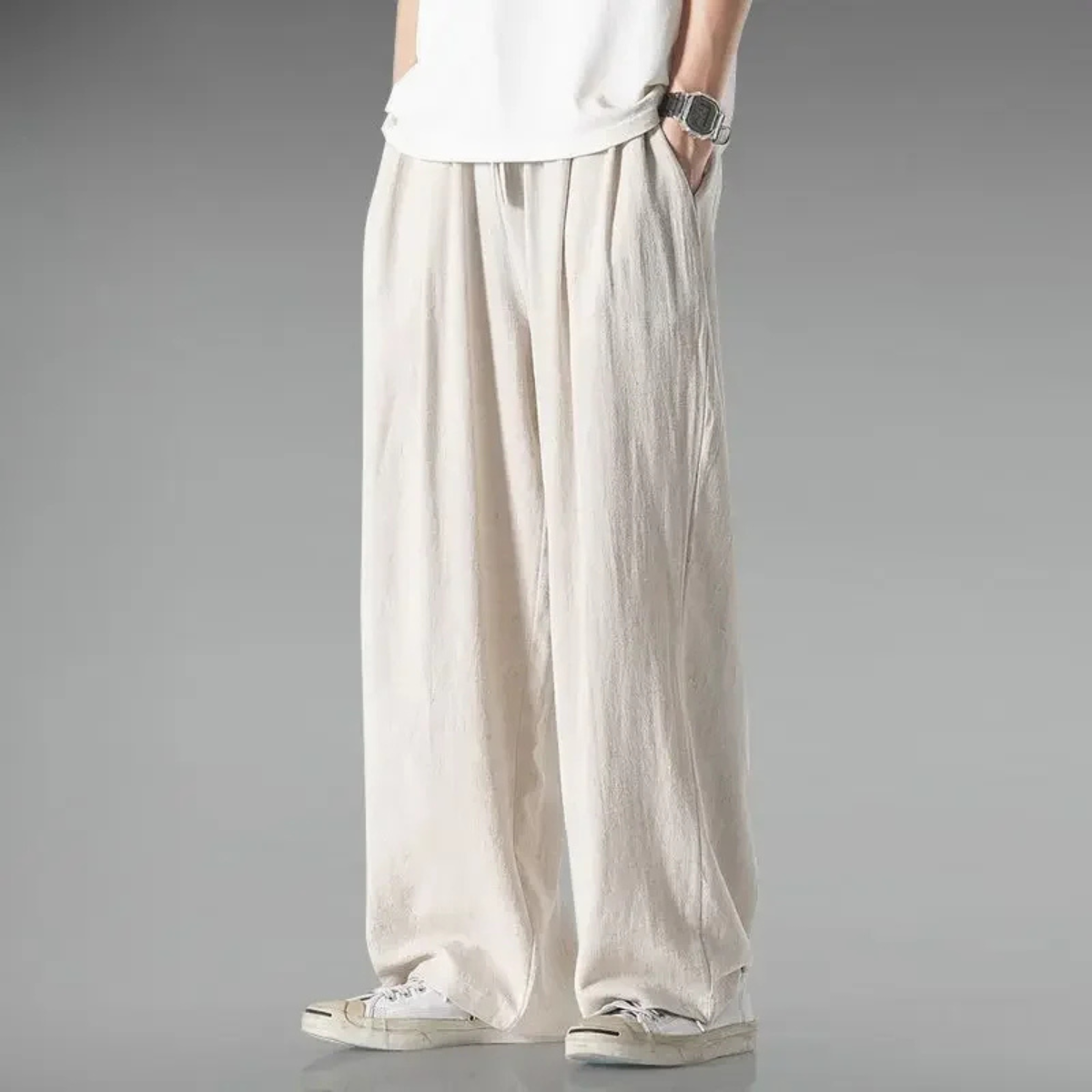 Homme Pantalon Large à Taille Élastique avec Cordon