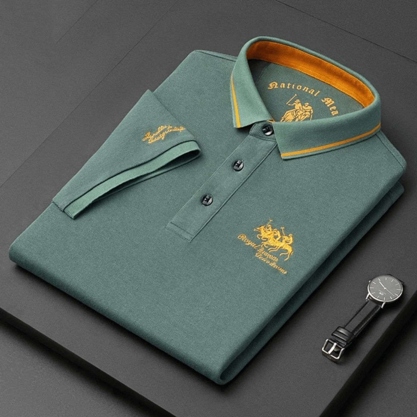 Homme Polo Manches Courtes avec Col Boutonné et Broderie
