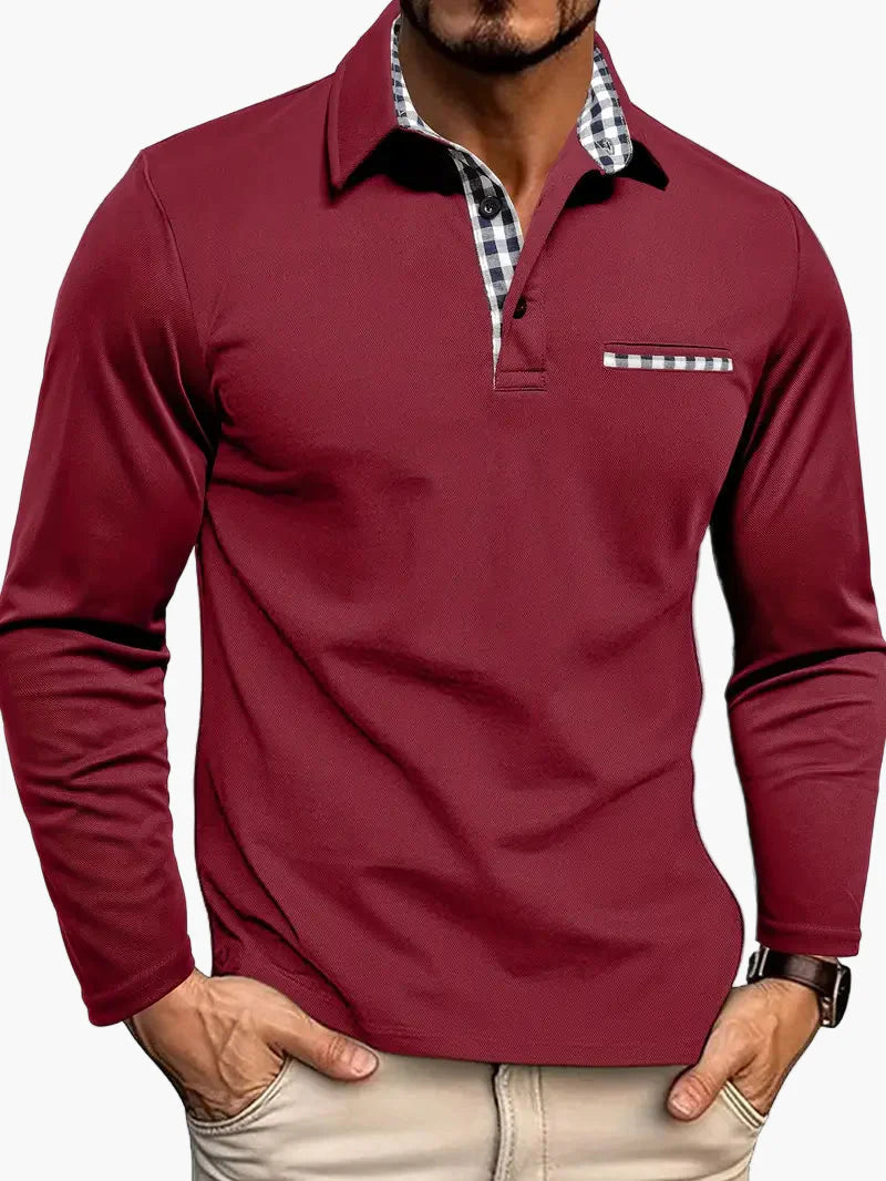 Homme Polo Manches Longues avec Col et Poche à Carreaux Slim Fit