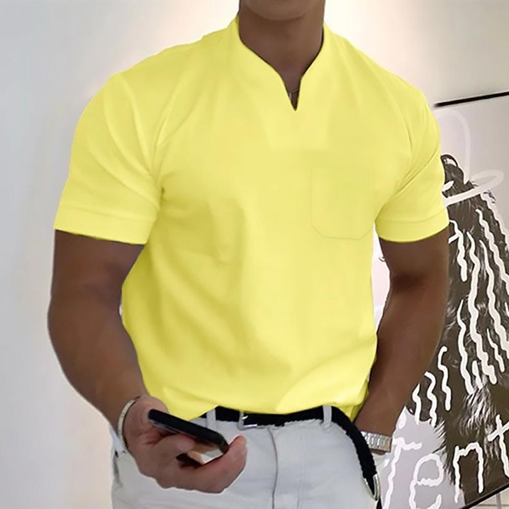 Homme T-Shirt Manches Courtes avec Col en V et Poche Poitrine Slim Fit