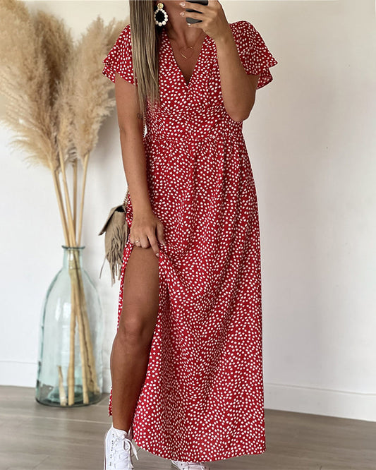 Robe Maxi Femme Col V, Imprimé à Pois et Manches Froncées avec Fente Latérale