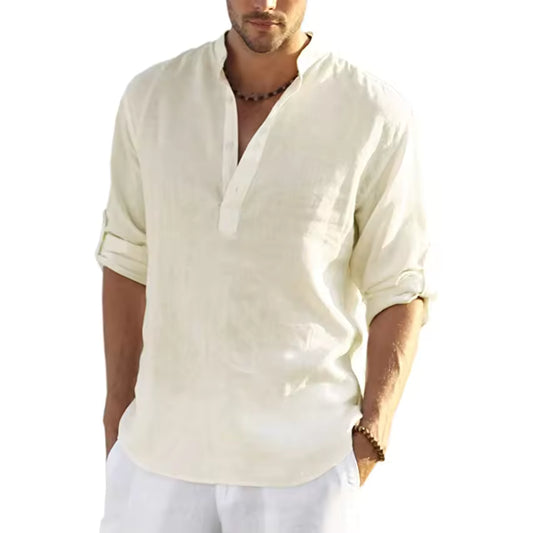 Men's Long Sleeve Roll-Up Mao Collar Shirt Regular Fit