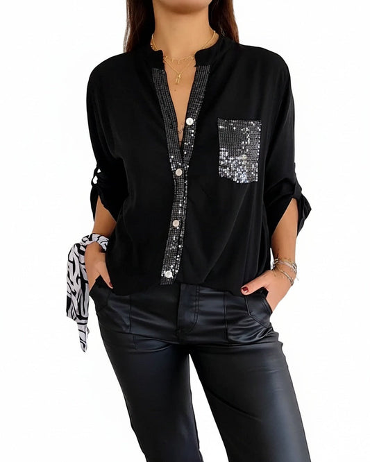 Blouse Femme Manches Longues avec Détail Paillettes et Fermeture Boutonnée