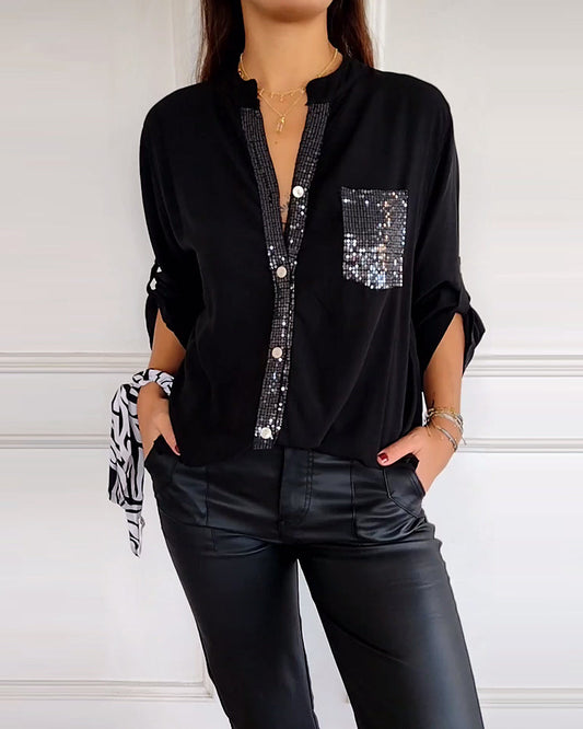 Blouse Femme Manches Longues avec Détail Paillettes et Fermeture Boutonnée