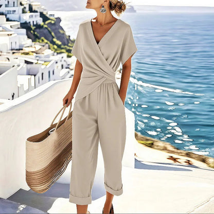 Combinaison Croisée Col V avec Taille Élastique et Poches