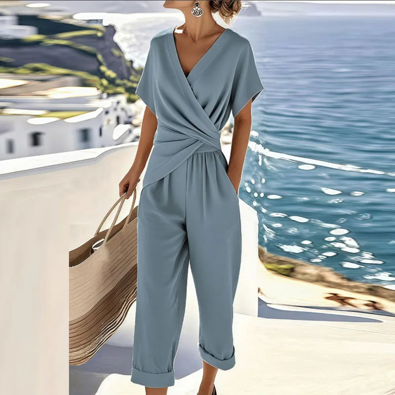 Combinaison Croisée Col V avec Taille Élastique et Poches