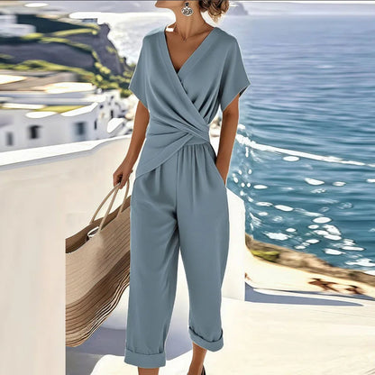Combinaison Croisée Col V avec Taille Élastique et Poches