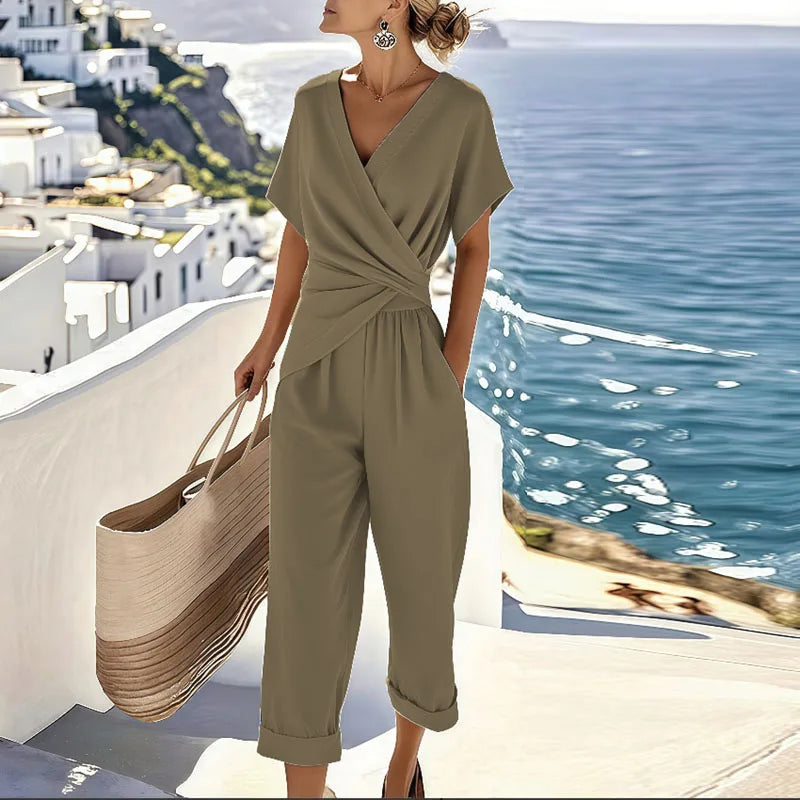 Combinaison Croisée Col V avec Taille Élastique et Poches