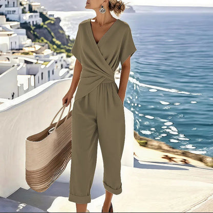 Combinaison Croisée Col V avec Taille Élastique et Poches