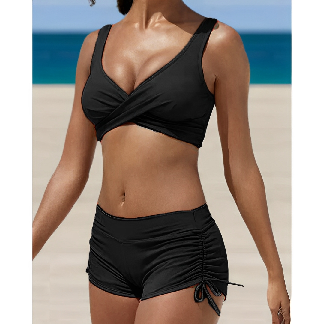 Femme Bikini Deux-Pièces avec Haut Croisé à Col V et Short Froncé