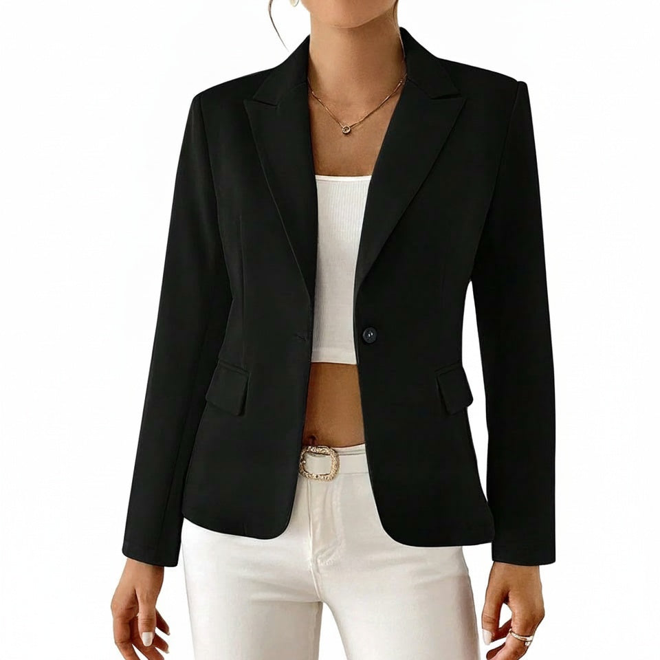 Femme Blazer Manches Longues à Bouton Unique et Col Cranté