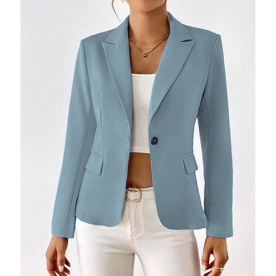 Women's Long Sleeve Blazer with Single Button and Notched Collar - 3