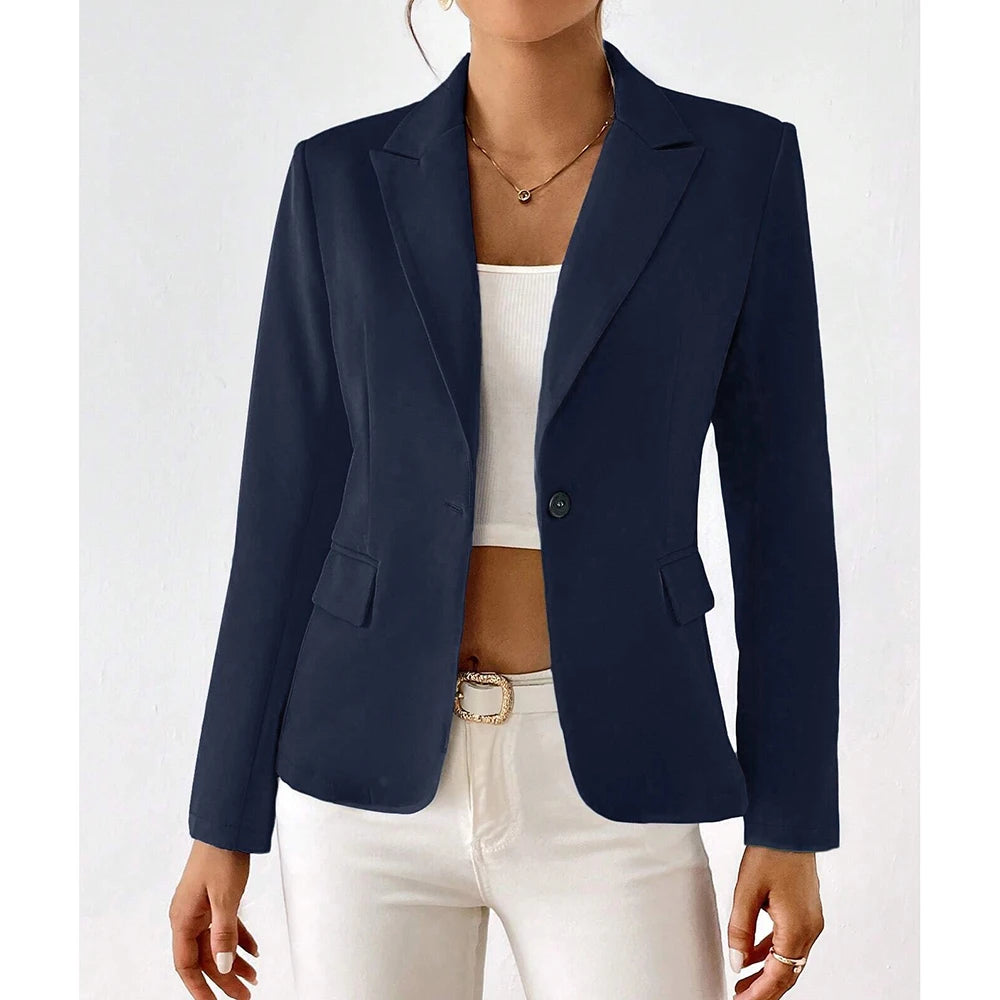Women's Long Sleeve Blazer with Single Button and Notched Collar - 4