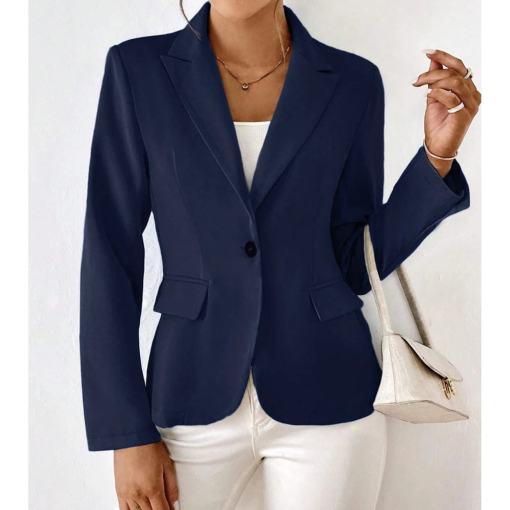 Femme Blazer Manches Longues à Bouton Unique et Col Cranté