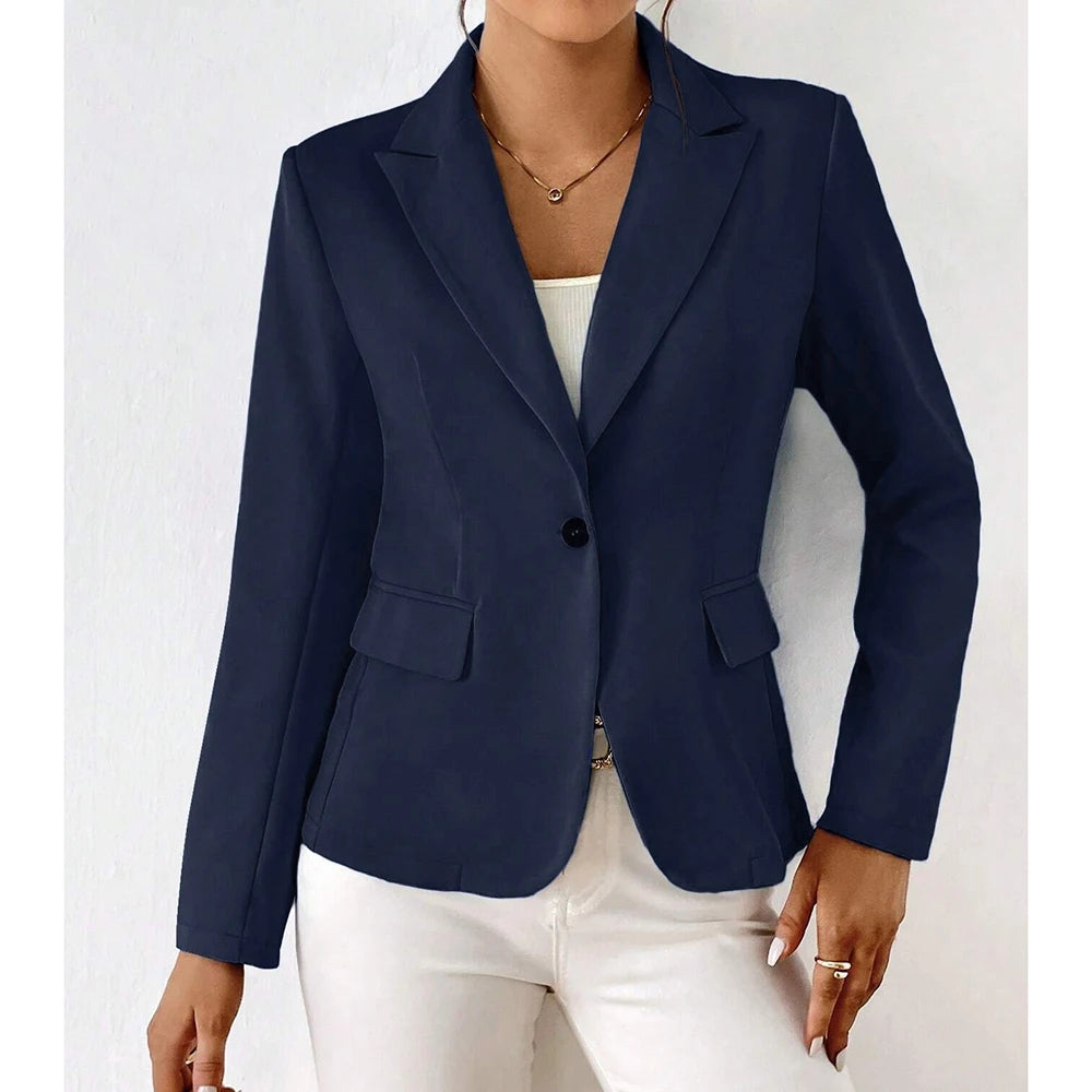 Femme Blazer Manches Longues à Bouton Unique et Col Cranté