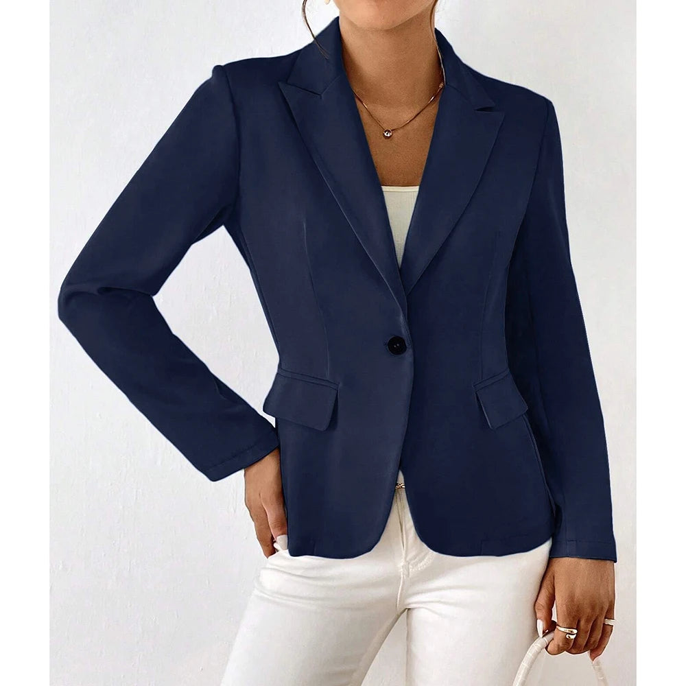 Femme Blazer Manches Longues à Bouton Unique et Col Cranté